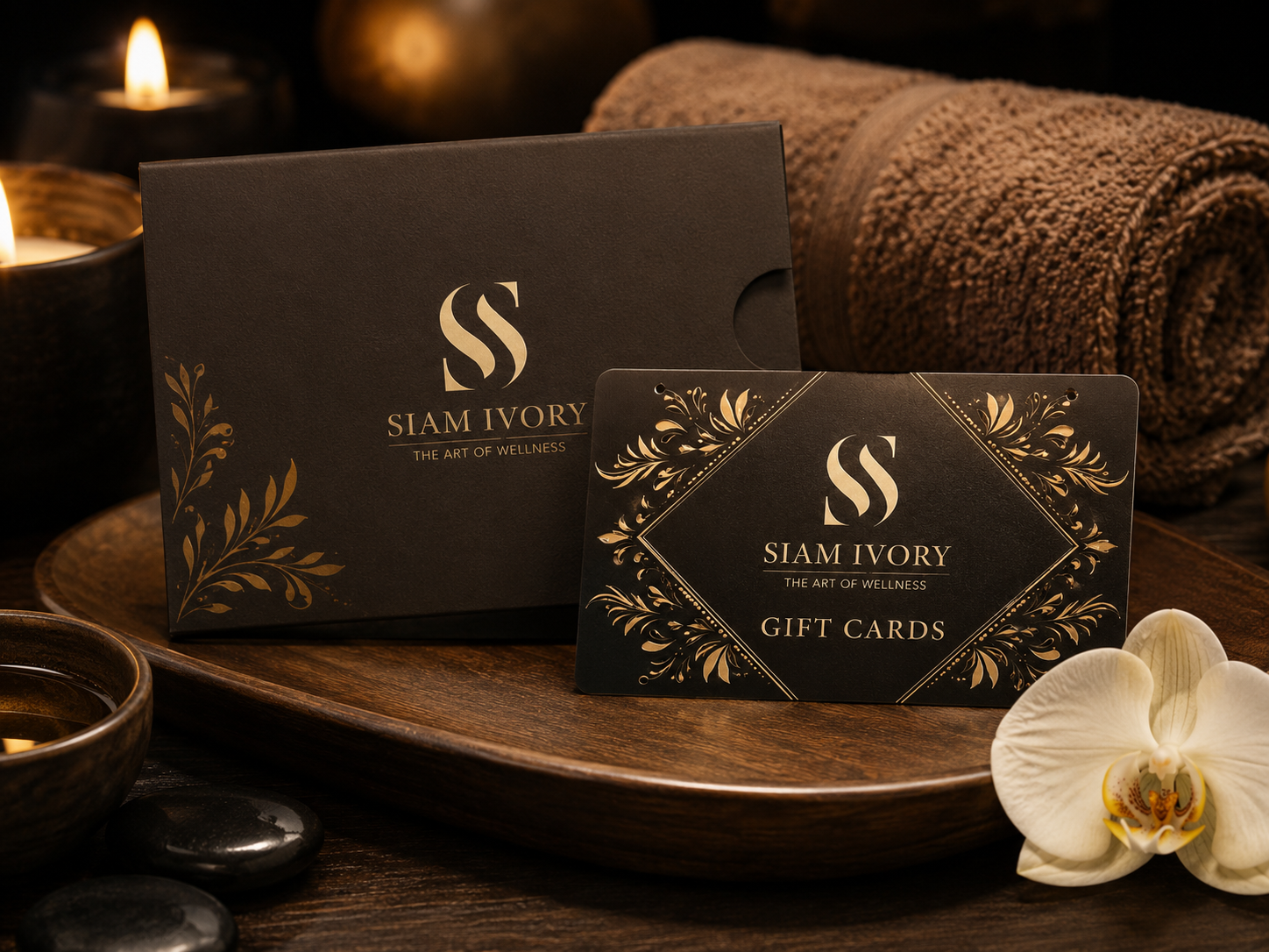 Siam Ivory luxury gift card with gold orchid presentation
